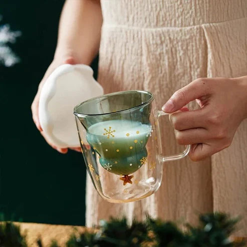 Christmas Tree Insulated Glass Coffee Mug – Borosilicate Double Wall | Festive Holiday Gift