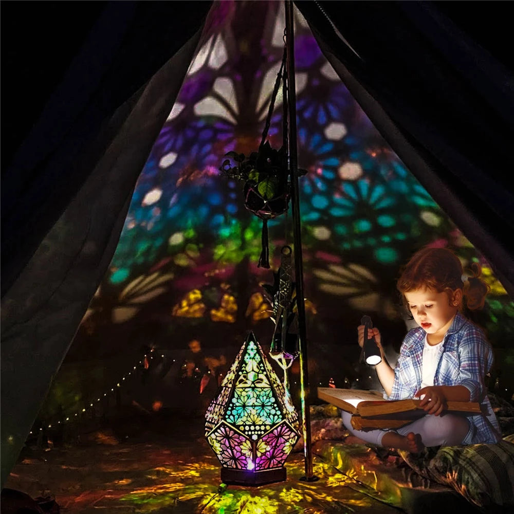 Bohemian Polar Star Projector Lamp – LED Diamond Prism Wooden Night Light