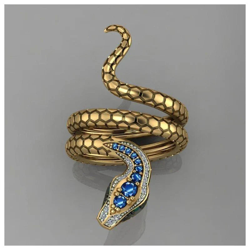 Golden Snake Ring with Blue Rhinestone – Adjustable Charm Jewellery for Men & Women
