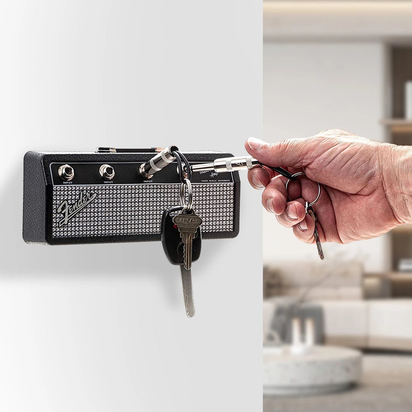 Guitar Jack Rack Wall Key Holder – 4 Guitar Plug Keychains | Music Lover Gift & Home Organiser
