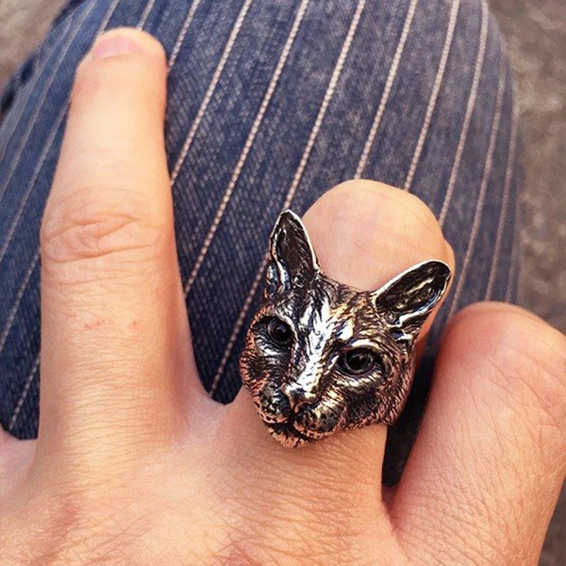 Cute Big Head Cat Ring – Adjustable Antique Silver & Matte Black Animal Kitty Ring for Women