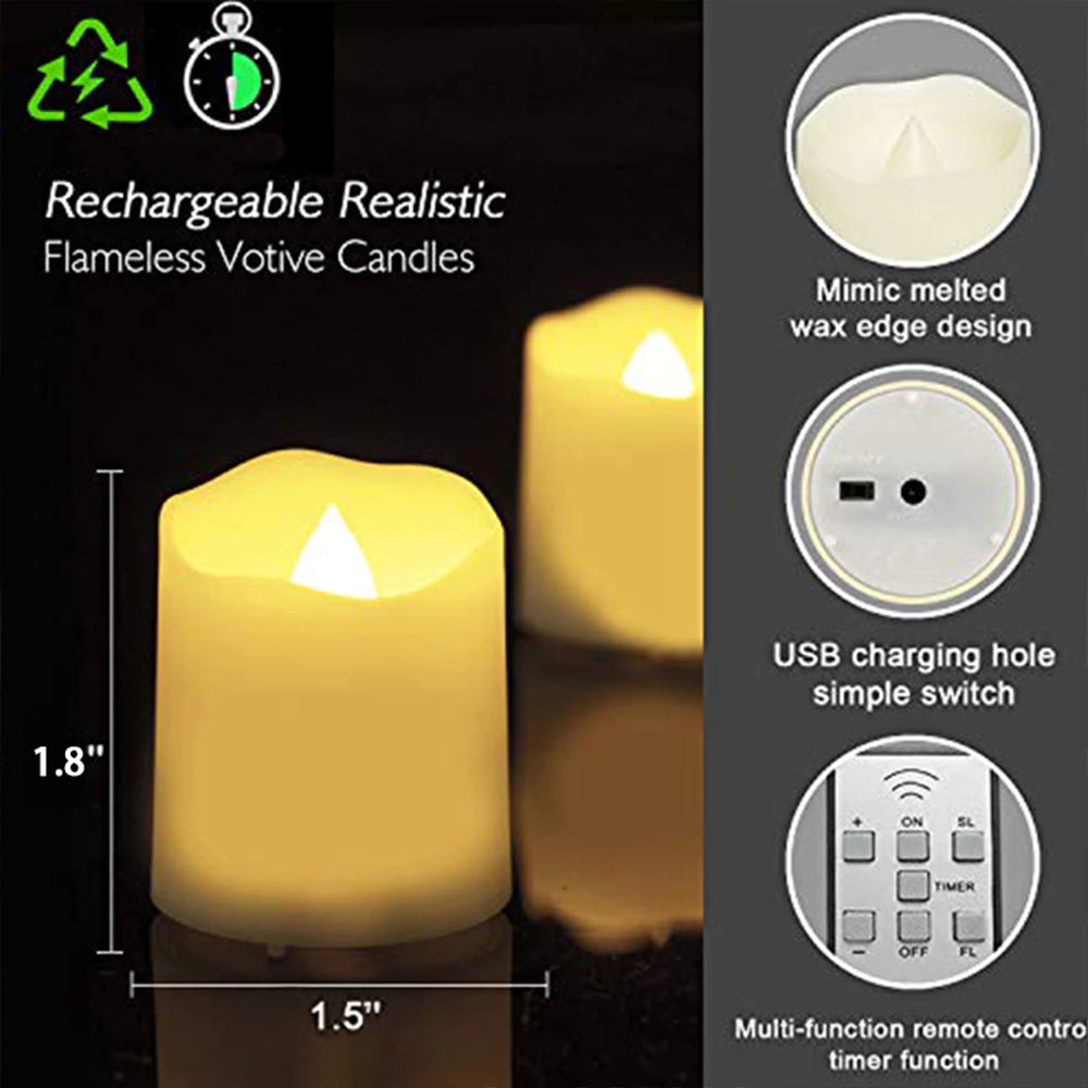 Rechargeable LED Flameless Tea Candles (Set of 6) – Remote Control & Timer | Warm White Flickering Light