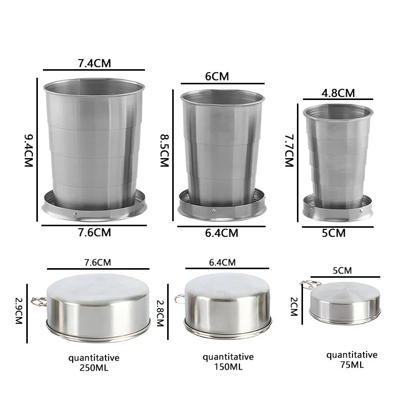 Stainless Steel Folding Travel Cup – Collapsible Telescopic Camping Mug (75ml / 150ml / 250ml)