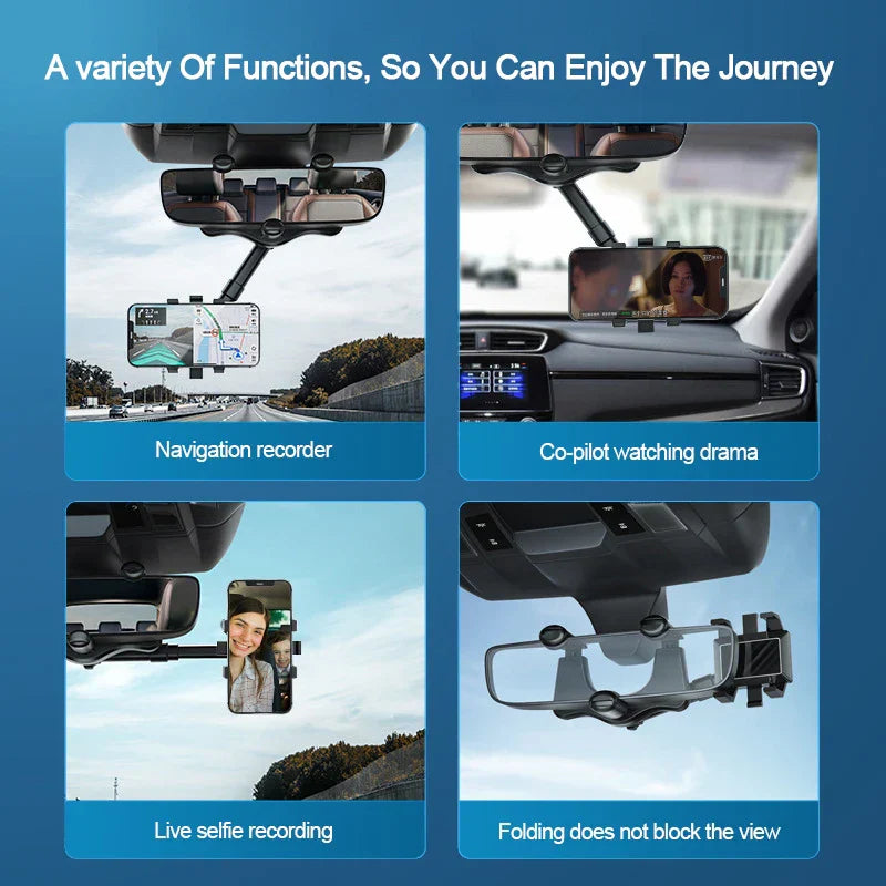 Universal Car Rearview Mirror Phone Holder – 360° Adjustable Mount for All Smartphones