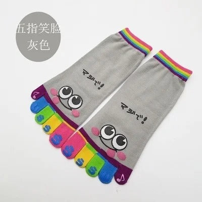 Five-Toe Crew Socks – Funny Short Cartoon Smiley Finger Show Socks