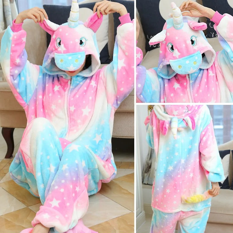 Rainbow Unicorn Kigurumi Onesie – Adorable Hooded Animal Pyjama Costume for Adults & Kids