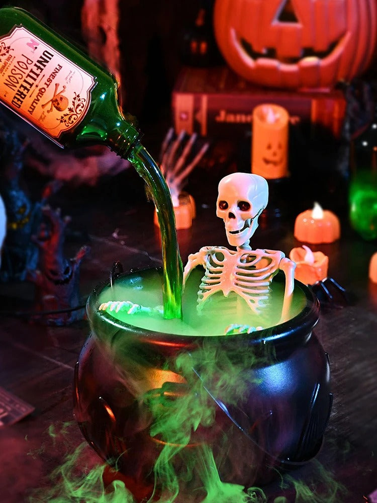 Halloween Witch Cauldron with LED Light & Fog Mist Maker – Skeleton Decor for Spooky Party