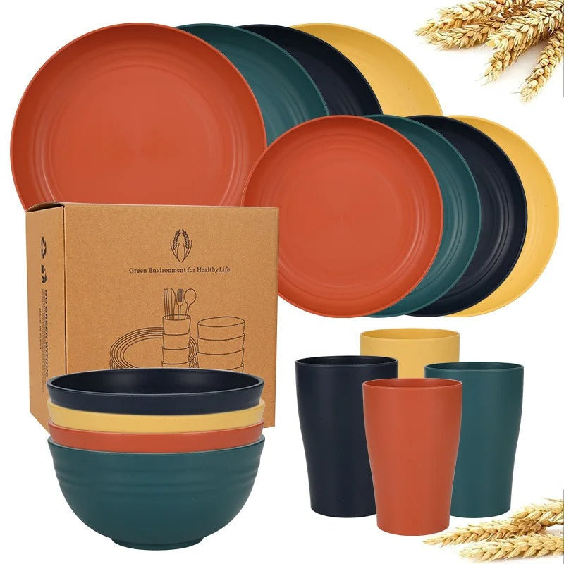 Biodegradable Dinnerware Set – Unbreakable Plates, Bowls & Cups | 16-Piece Lightweight Kitchen Set