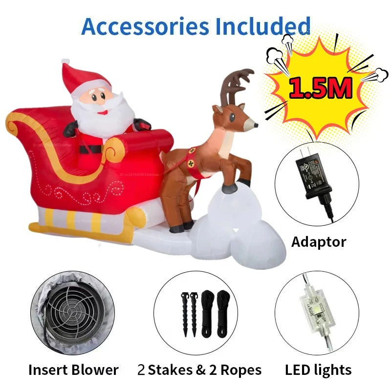 1.5M Christmas Inflatable Snowman & Deer Trailer Santa Claus Model – 5FT LED Lit Outdoor Garden Decoration