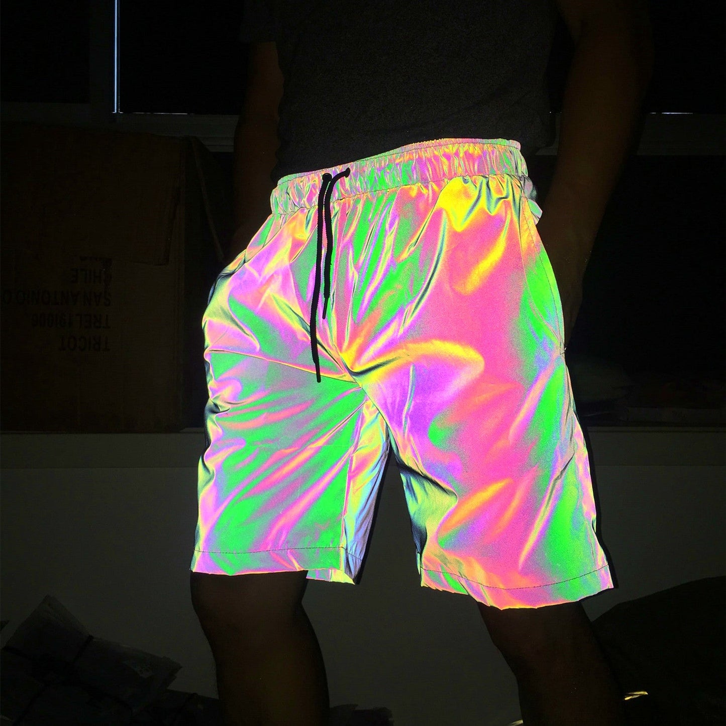 Rainbow Reflective Hip Hop Shorts – Holographic Streetwear Shorts for Men | Sizes M–3XL