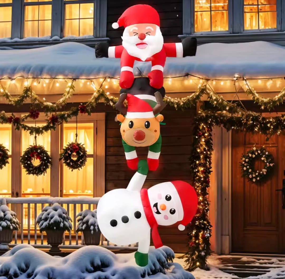 8FT Inflatable Christmas Climbing Santa Claus with Reindeer & Snowman, Built-in LED
