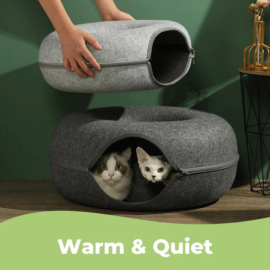 Donut Cat Bed Tunnel - 2-in-1 Foldable Wool Felt Pet Bed & Play Tunnel