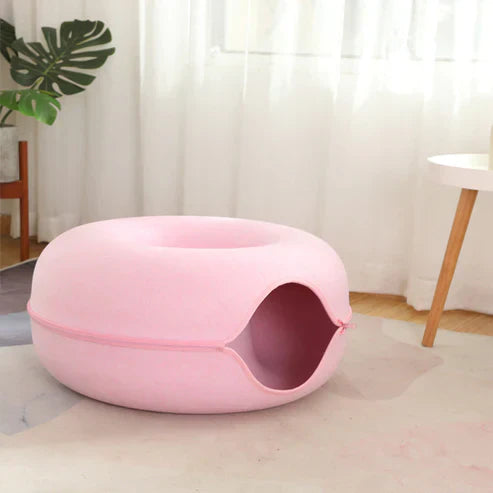 Donut Cat Bed Tunnel - 2-in-1 Foldable Wool Felt Pet Bed & Play Tunnel