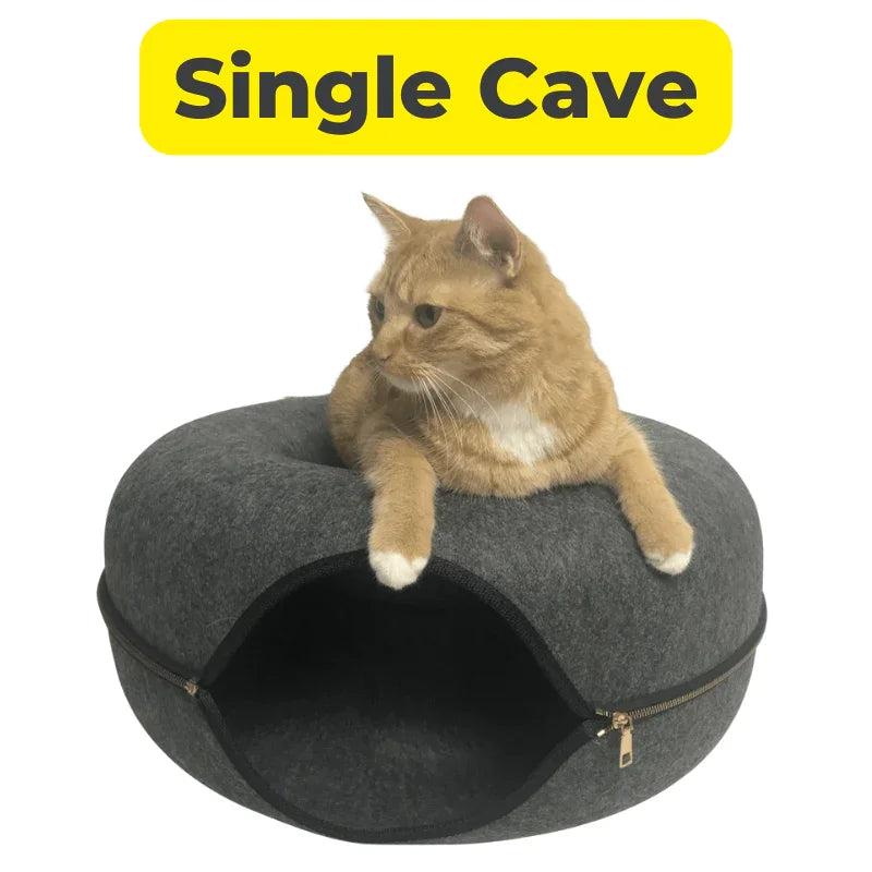 Donut Cat Bed Tunnel - 2-in-1 Foldable Wool Felt Pet Bed & Play Tunnel
