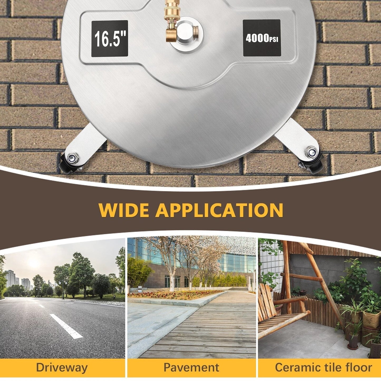 16.5" Stainless Steel Pressure Washer Surface Cleaner – 4000 PSI | Dual Rotating Jets & 4 Wheels