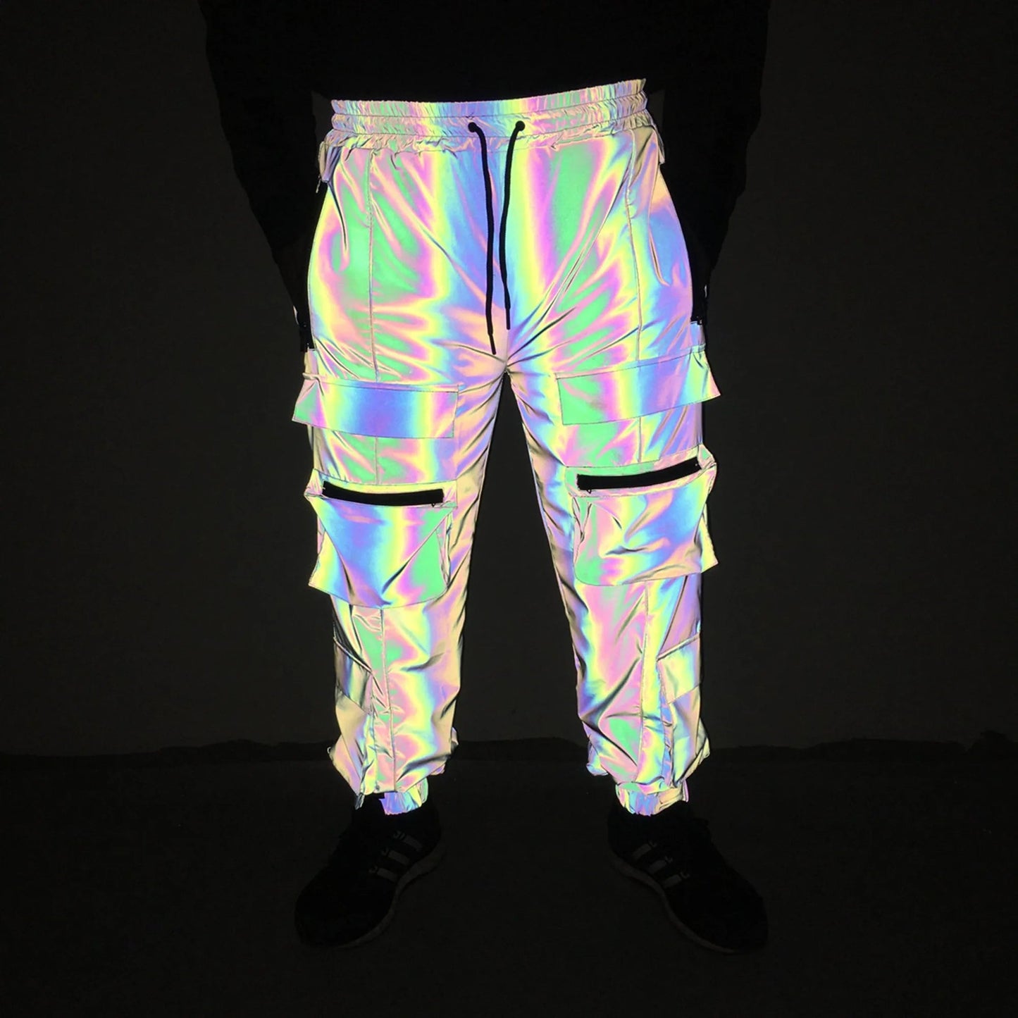 Reflective Geometric Cargo Pants – Holographic Hip Hop Rave Joggers