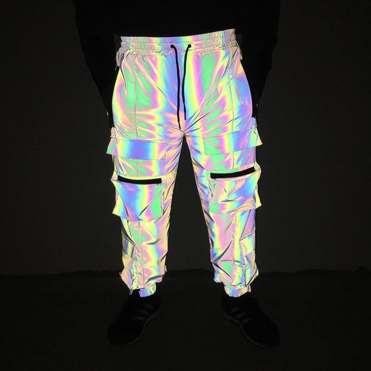 Reflective Geometric Cargo Pants – Holographic Hip Hop Rave Joggers