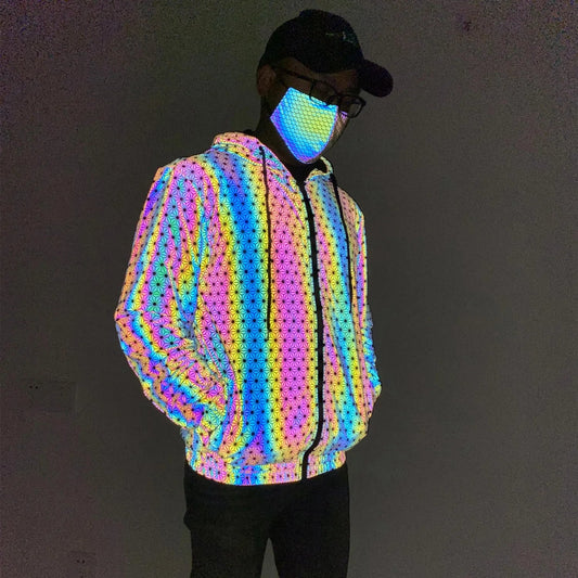 Reflective Geometric Pattern Jacket – Holographic Hip Hop Streetwear Coat