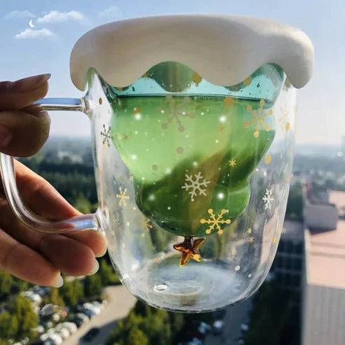Christmas Tree Insulated Glass Coffee Mug – Borosilicate Double Wall | Festive Holiday Gift