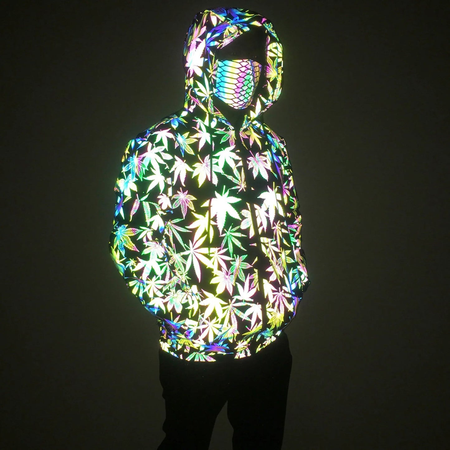 Geometric Reflective Leaf Pattern Jacket – Holographic Unisex Streetwear Coat