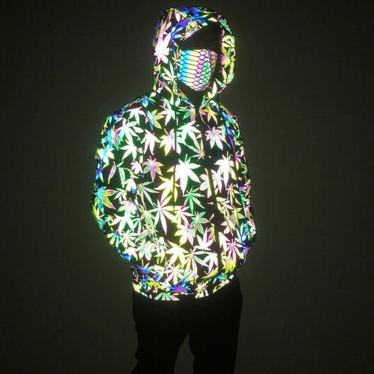 Geometric Reflective Leaf Pattern Jacket – Holographic Unisex Streetwear Coat