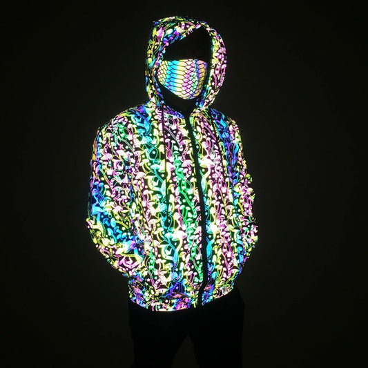 Geometric Reflective Mushroom Pattern Jacket – Holographic Unisex Streetwear Coat