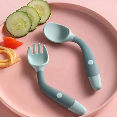 Bendable Training Soft Fork & Spoon for Infants - Food-Grade Silicone Self-Feeding Cutlery Set for Toddlers