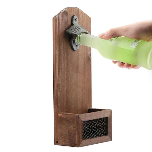 Vintage Wall Mounted Bottle Opener - Rustic Cast Iron Beer Opener with Cap Catcher