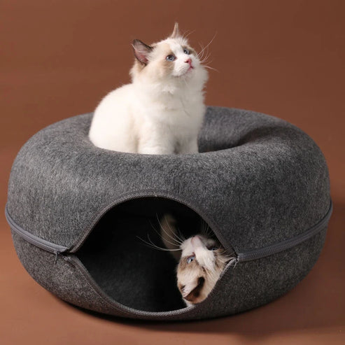 Donut Cat Bed Tunnel - 2-in-1 Foldable Wool Felt Pet Bed & Play Tunnel