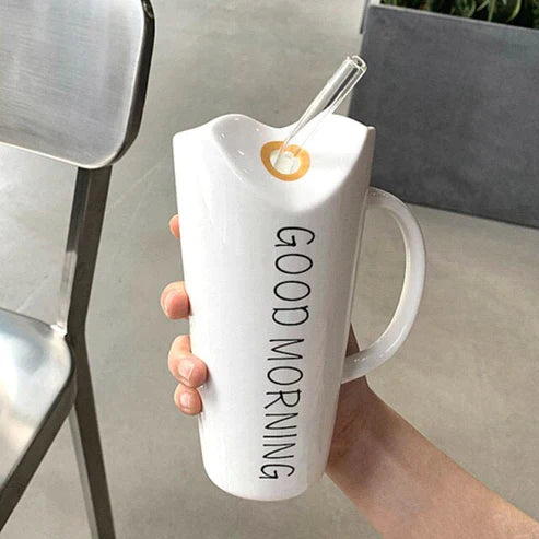 Good Vibes Elegant Ceramic Mug – 450ml Porcelain Coffee Cup with Straw