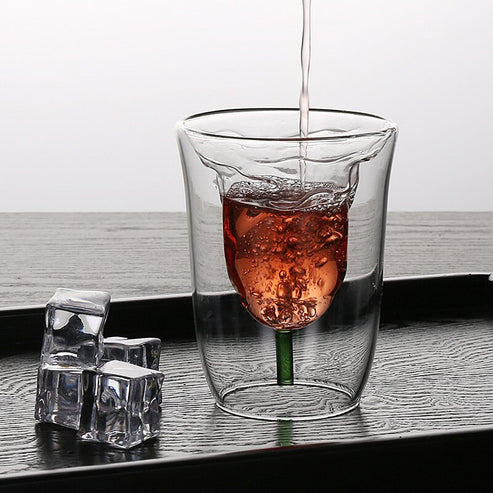 Flower Pattern Double-Layer Glass – 180ml Borosilicate Rose Glass Cup