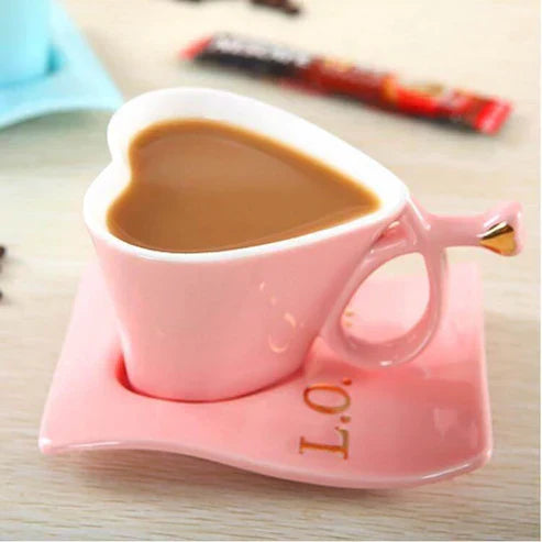 Heart Shaped Cute Ceramic Coffee Mug – Bone China Cup & Saucer Set