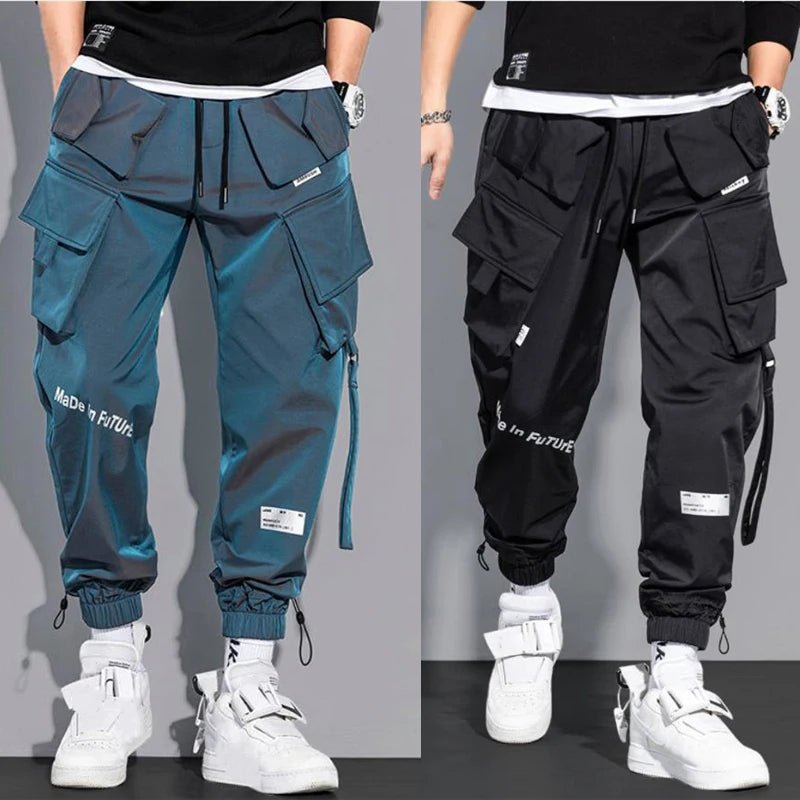 Multi-Pocket Cargo Trousers – Streetwear Utility Pants in Black & Blue