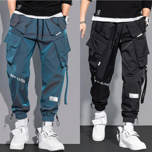 Multi-Pocket Cargo Trousers – Streetwear Utility Pants in Black & Blue
