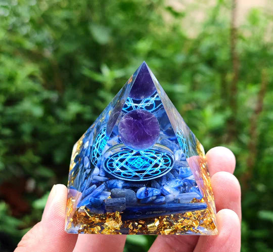 Orgonite Crystal Pyramid – Handmade Amethyst Energy Healing Pyramid | EMF Protection & Spiritual Decor Gift
