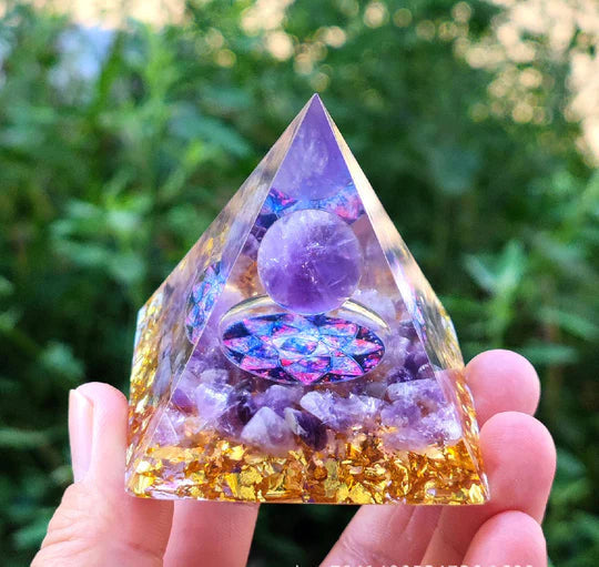 Orgonite Crystal Pyramid – Handmade Amethyst Energy Healing Pyramid | EMF Protection & Spiritual Decor Gift