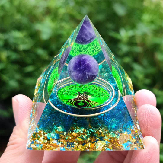 Orgonite Crystal Pyramid – Handmade Amethyst Energy Healing Pyramid | EMF Protection & Spiritual Decor Gift