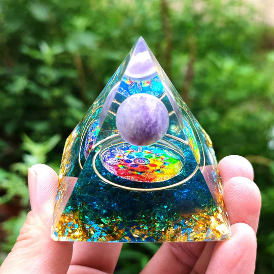 Orgonite Crystal Pyramid – Handmade Amethyst Energy Healing Pyramid | EMF Protection & Spiritual Decor Gift