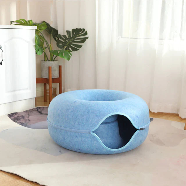 Donut Cat Bed Tunnel - 2-in-1 Foldable Wool Felt Pet Bed & Play Tunnel