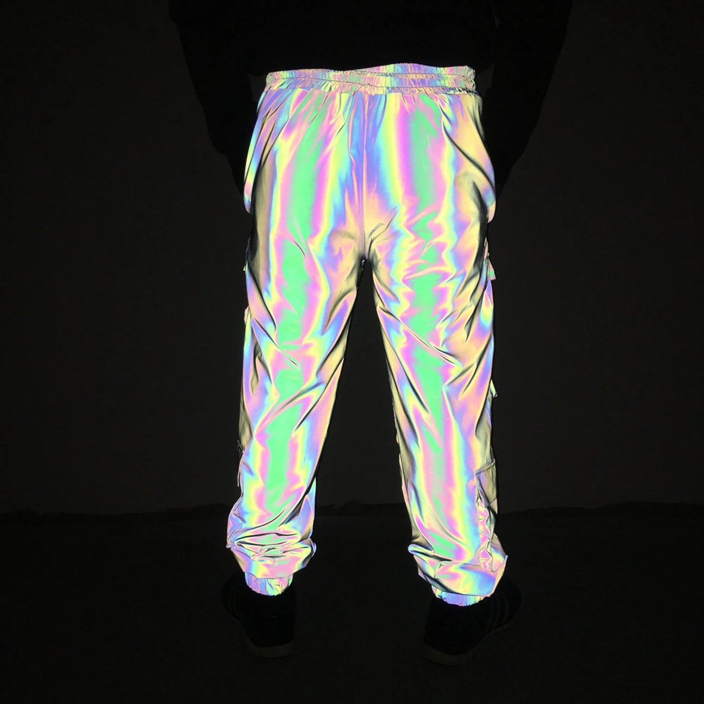Reflective Geometric Cargo Pants – Holographic Hip Hop Rave Joggers