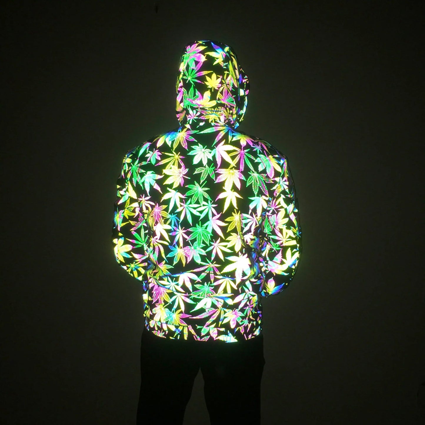 Geometric Reflective Leaf Pattern Jacket – Holographic Unisex Streetwear Coat