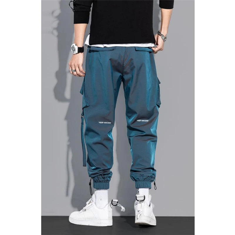 Multi-Pocket Cargo Trousers – Streetwear Utility Pants in Black & Blue