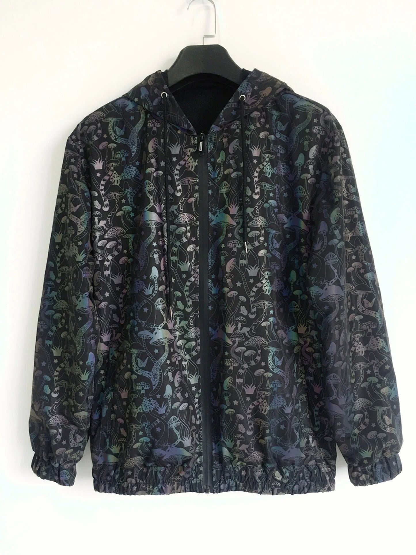 Geometric Reflective Mushroom Pattern Jacket – Holographic Unisex Streetwear Coat