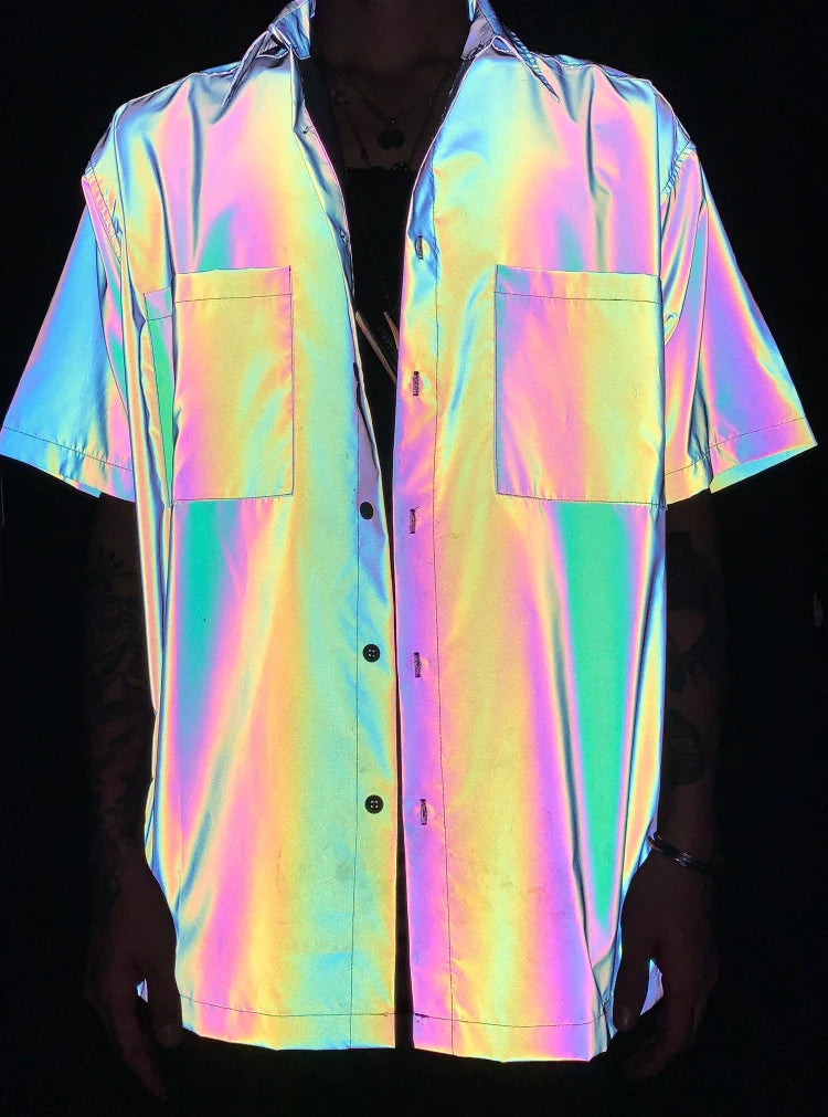 Reflective Short Sleeve Shirt – Holographic Streetwear Tee for Men