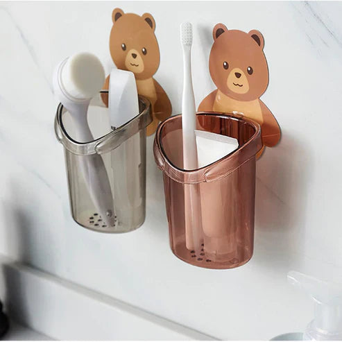Wall-Mounted Sticky Bear Toothbrush Holder - Self-Adhesive No-Drill Cartoon Bear Bathroom Organizer in 3 Colors