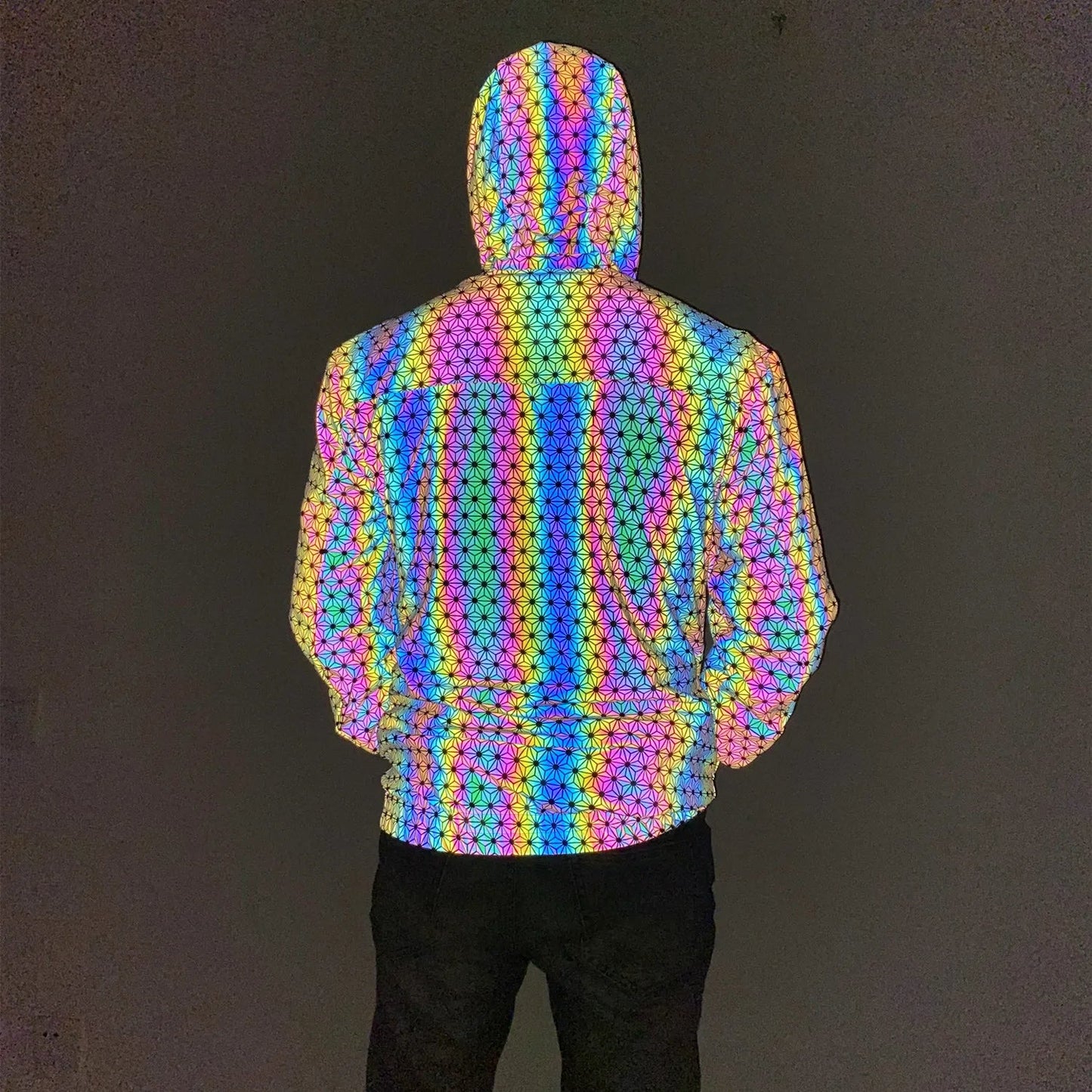 Reflective Geometric Pattern Jacket – Holographic Hip Hop Streetwear Coat