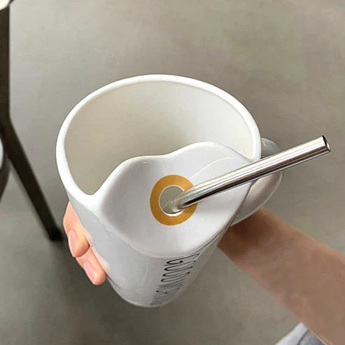 Good Vibes Elegant Ceramic Mug – 450ml Porcelain Coffee Cup with Straw