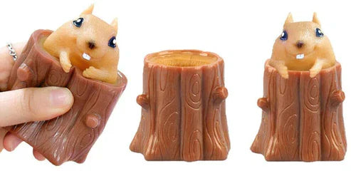 Squirrel Pop-Up Stress Relief Toy - Squeeze the Stump & Watch the Squirrel Pop Out! Silicone Sensory Toy