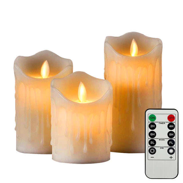 Flickering Flameless Pillar LED Candles (Set of 3) – Remote Control & Timer | Realistic Wax Look