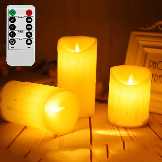 Flickering Flameless Pillar LED Candles (Set of 3) – Remote Control & Timer | Realistic Wax Look